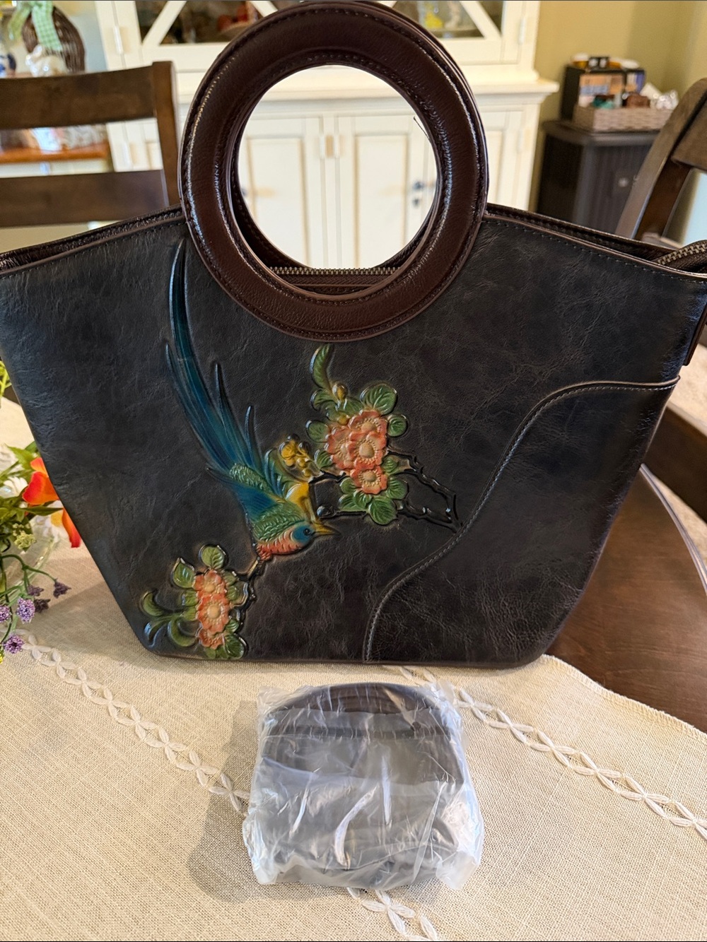 Dark Brown Floral Bird Embossed Leather Tote Bag with Round Handles